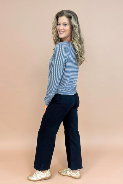 Full Circle navy and cream striped long sleeve top - side full view on model