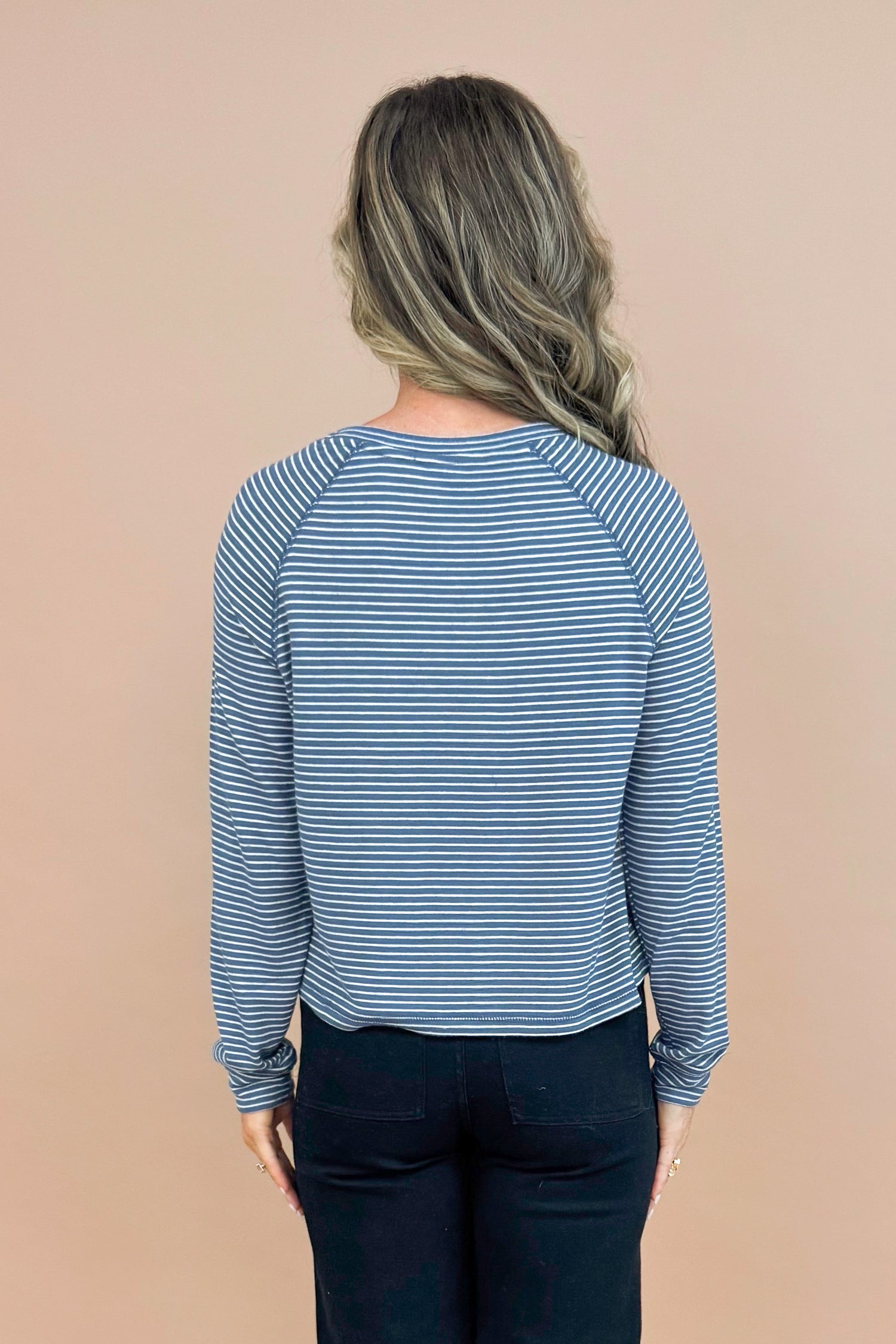 Full Circle navy and cream striped long sleeve top - back rear view on model