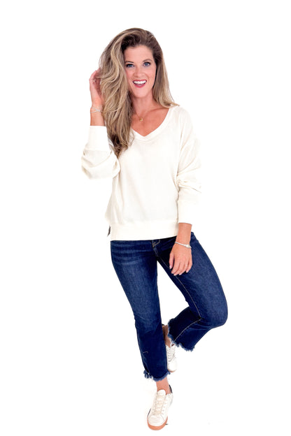Falling Fast Cream Round Neck Waffle Weave Top