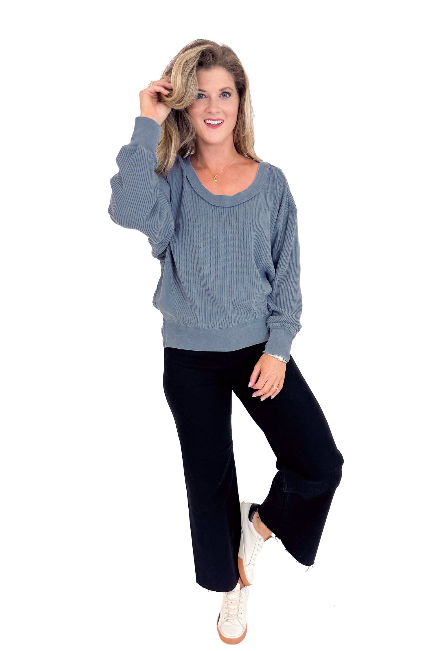 Falling Fast Washed Navy Round Neck Waffle Weave Top