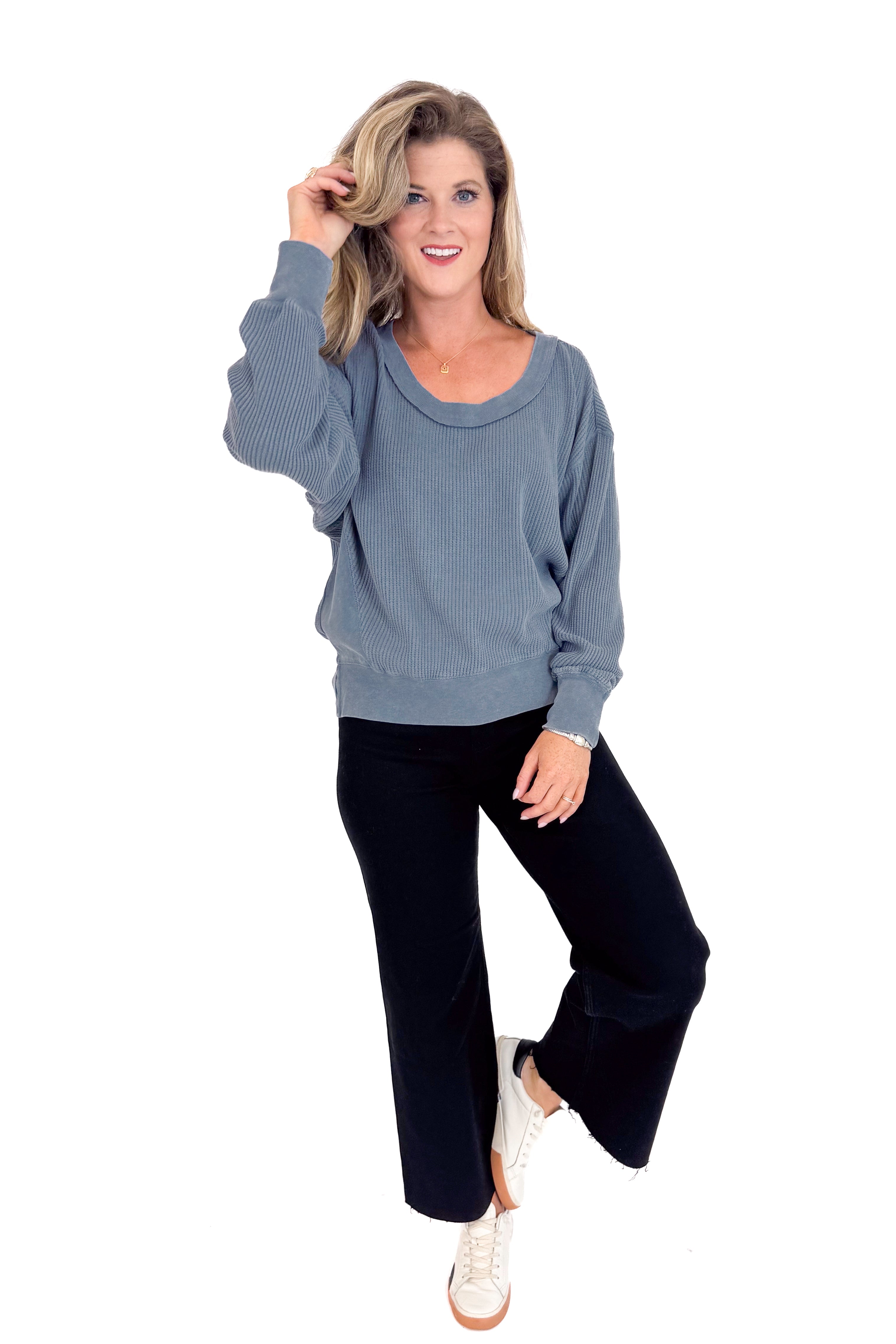 Falling Fast Washed Navy Round Neck Waffle Weave Top