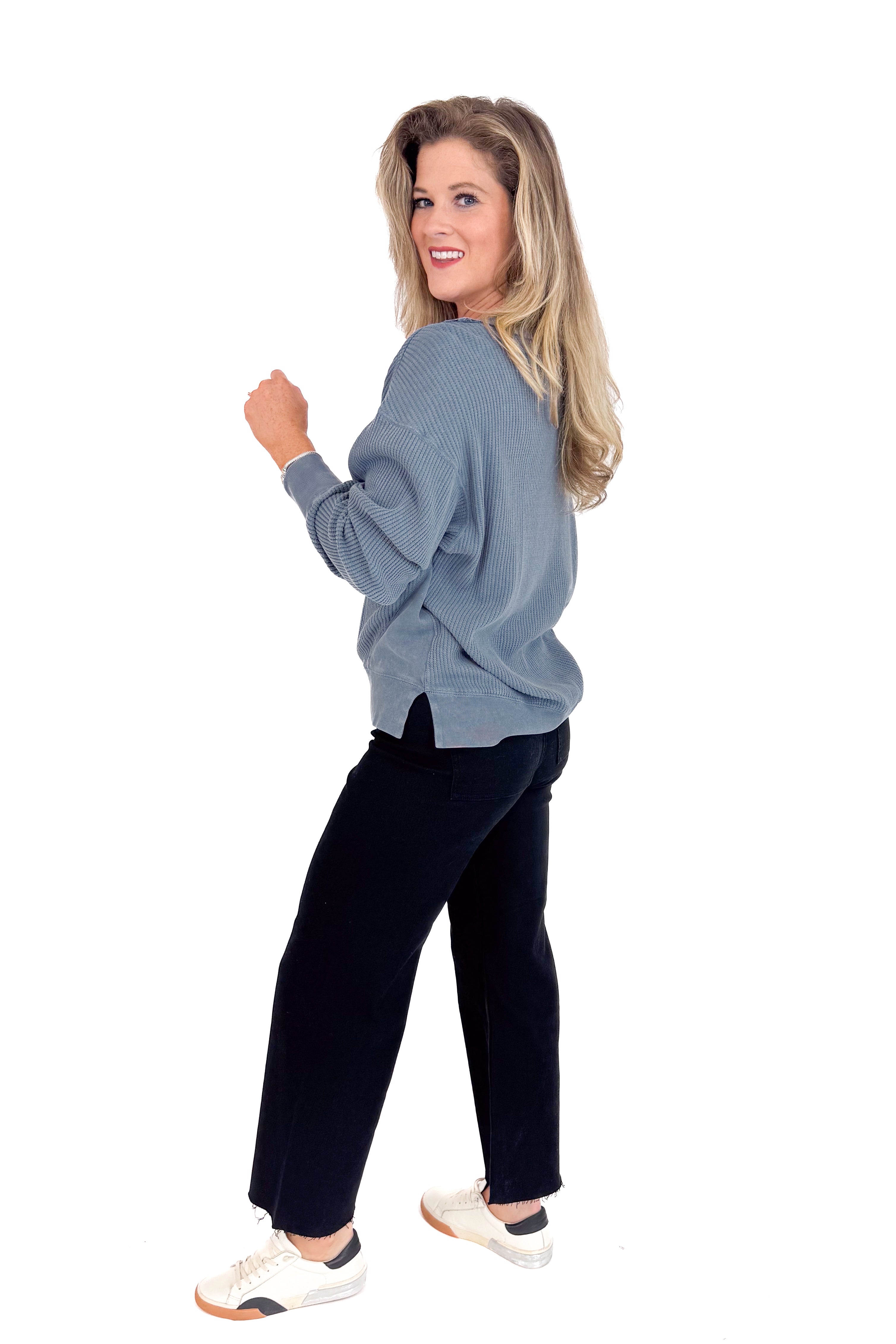 Falling Fast Washed Navy Round Neck Waffle Weave Top