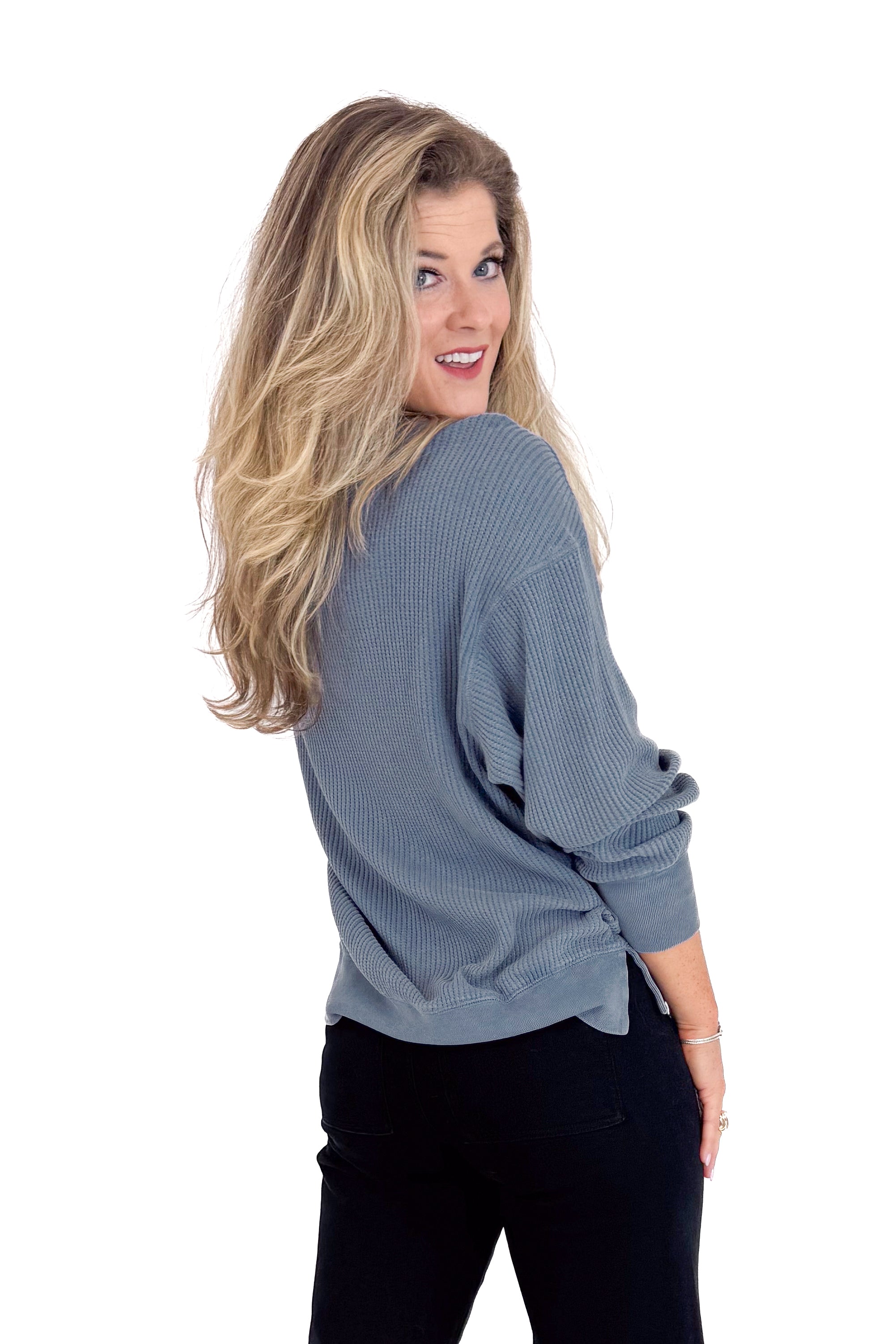 Falling Fast Washed Navy Round Neck Waffle Weave Top