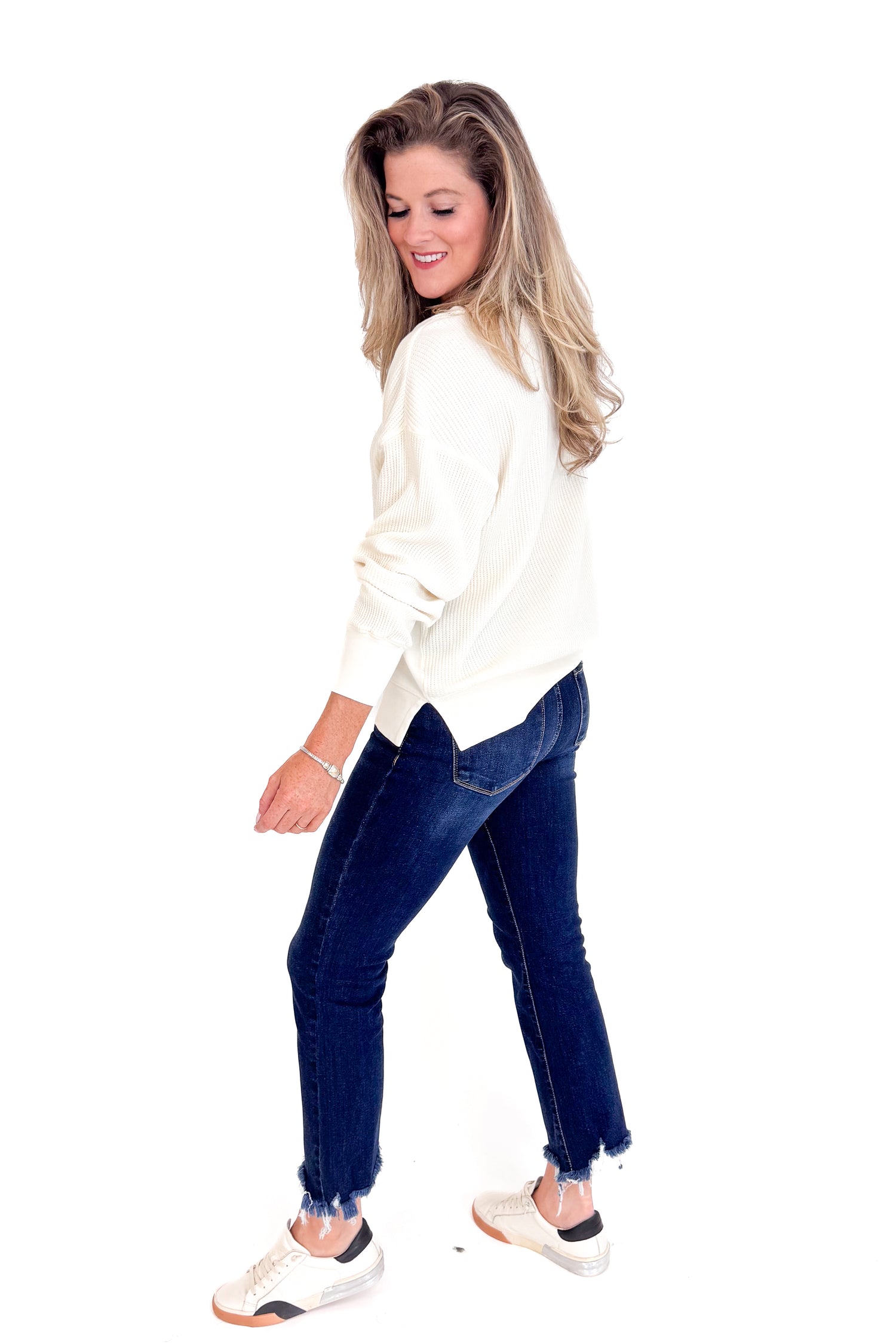 Falling Fast Cream Round Neck Waffle Weave Top