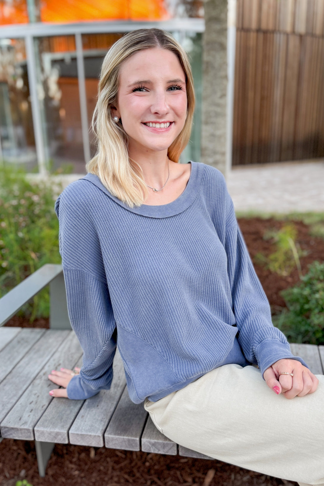 Falling Fast Washed Navy Round Neck Waffle Weave Top