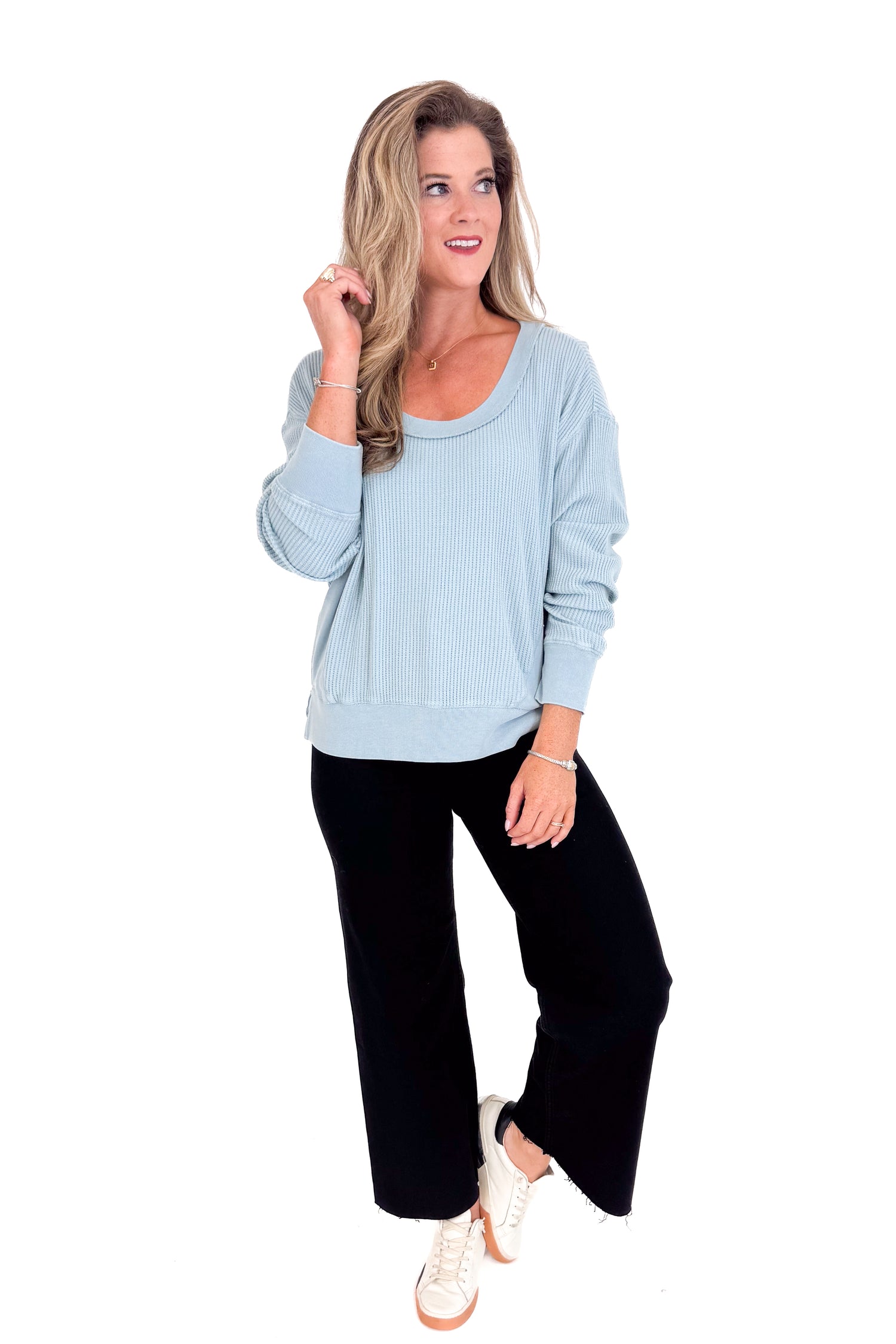 Falling Fast Washed Sky Blue Round Neck Waffle Weave Top