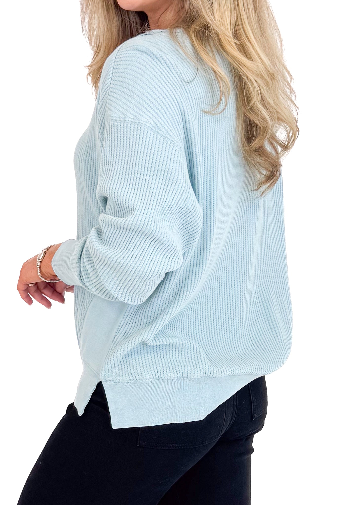 Falling Fast Washed Sky Blue Round Neck Waffle Weave Top