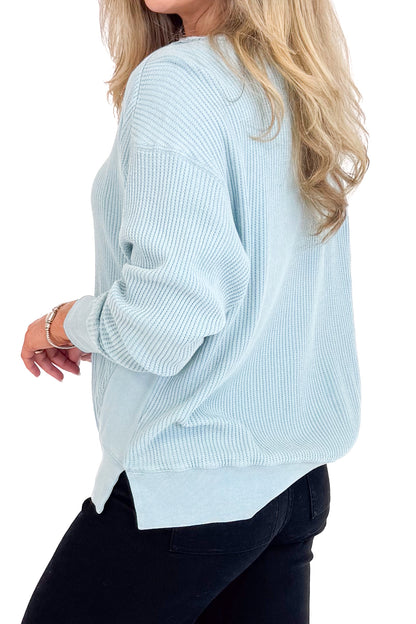 Falling Fast Washed Sky Blue Round Neck Waffle Weave Top