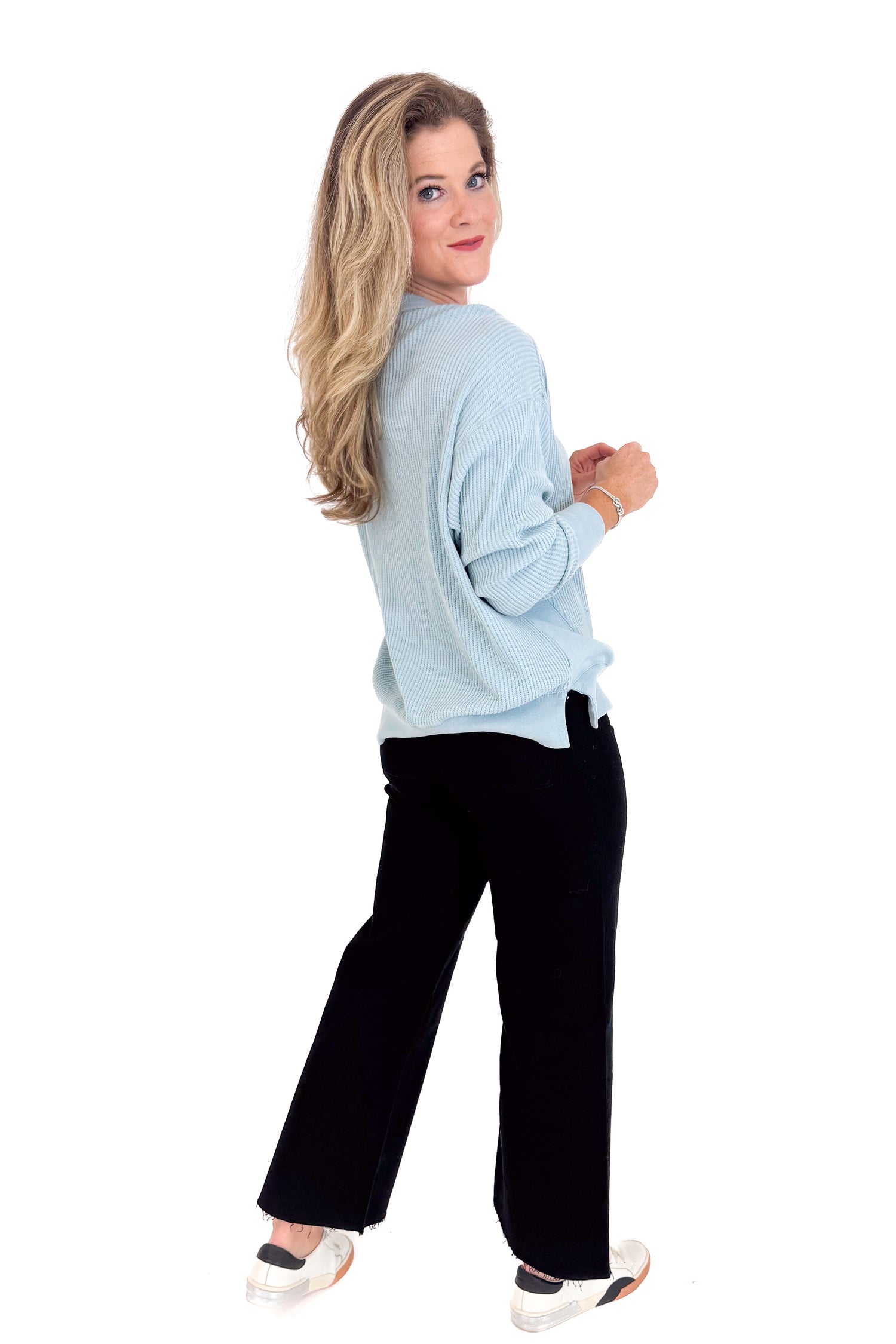 Falling Fast Washed Sky Blue Round Neck Waffle Weave Top