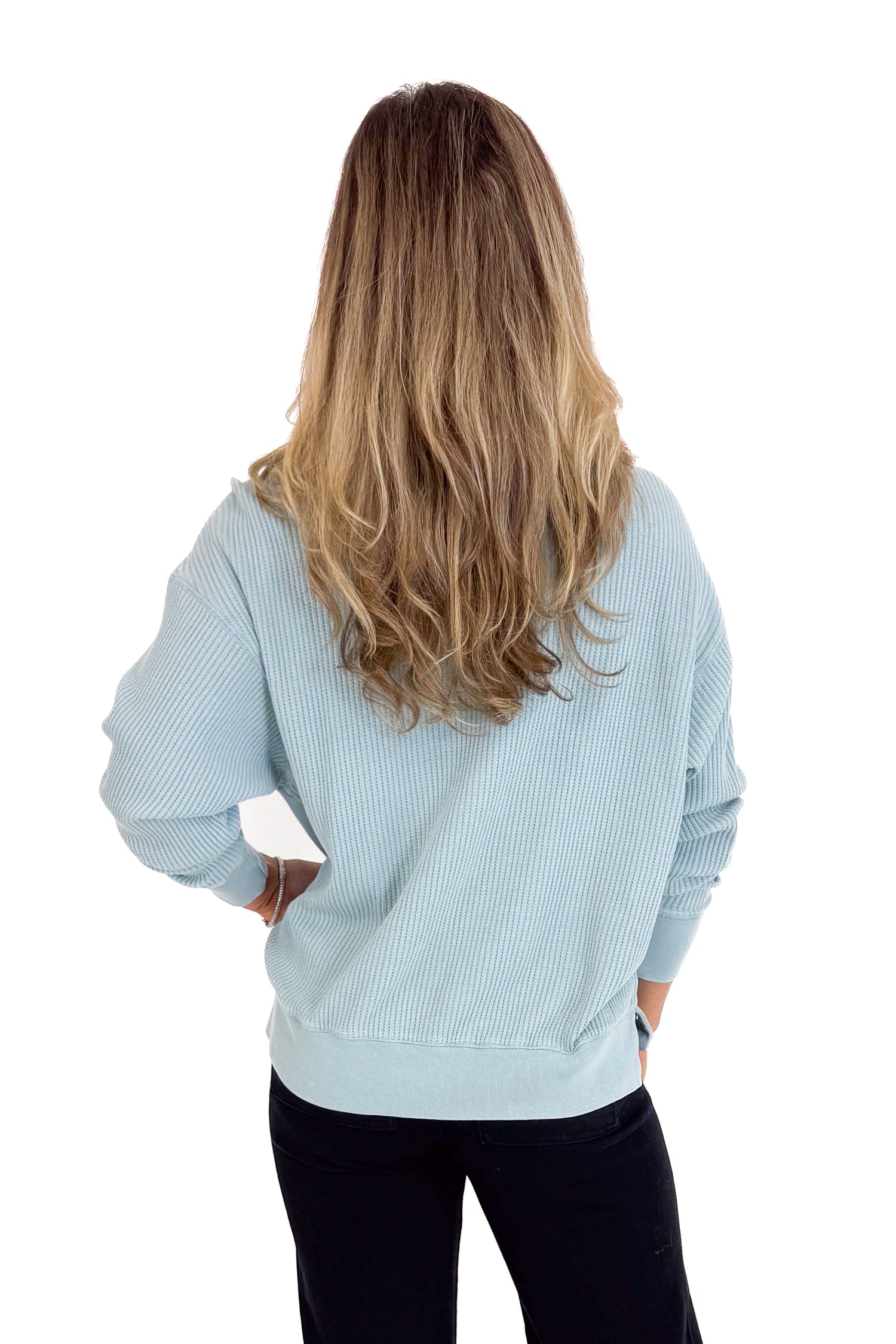 Falling Fast Washed Sky Blue Round Neck Waffle Weave Top