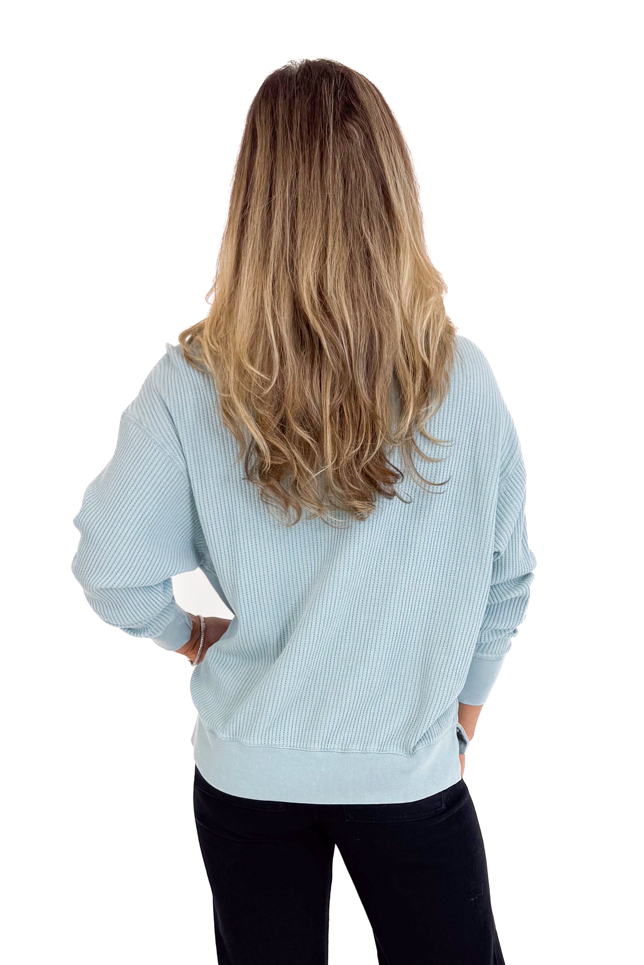 Falling Fast Washed Sky Blue Round Neck Waffle Weave Top
