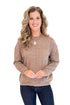 Woman wearing Golden Glow Heathered Brown Center Seam Sweater - front view showing unique center seam design and heathered brown texture
