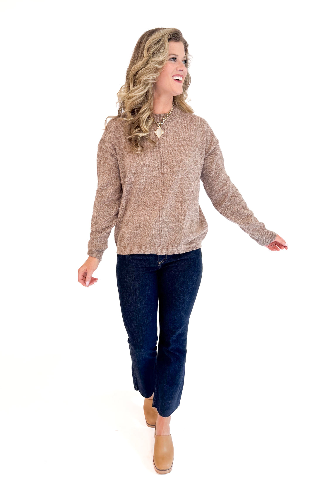 Woman wearing Golden Glow Heathered Brown Center Seam Sweater - front view showing unique center seam design and heathered brown texture