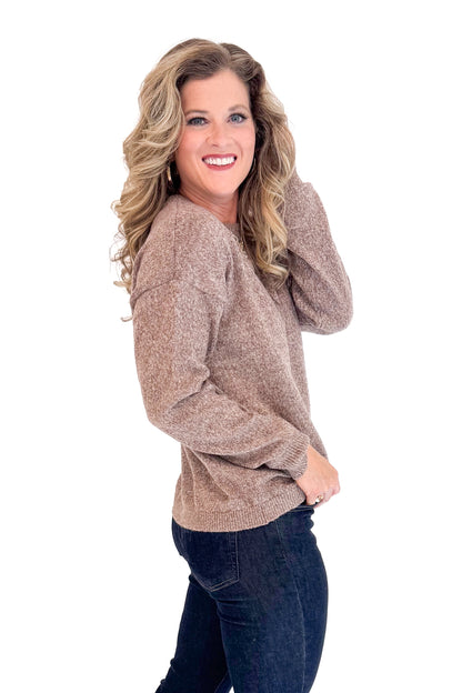 Woman wearing Golden Glow Heathered Brown Center Seam Sweater - side view showing heathered brown texture