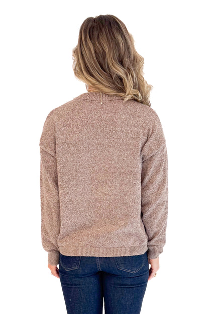 Woman wearing Golden Glow Heathered Brown Center Seam Sweater - rear view showing heathered brown texture