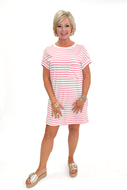 Front view of woman wearing Pink &amp; Cream Striped Short Sleeve Dress against white studio background.