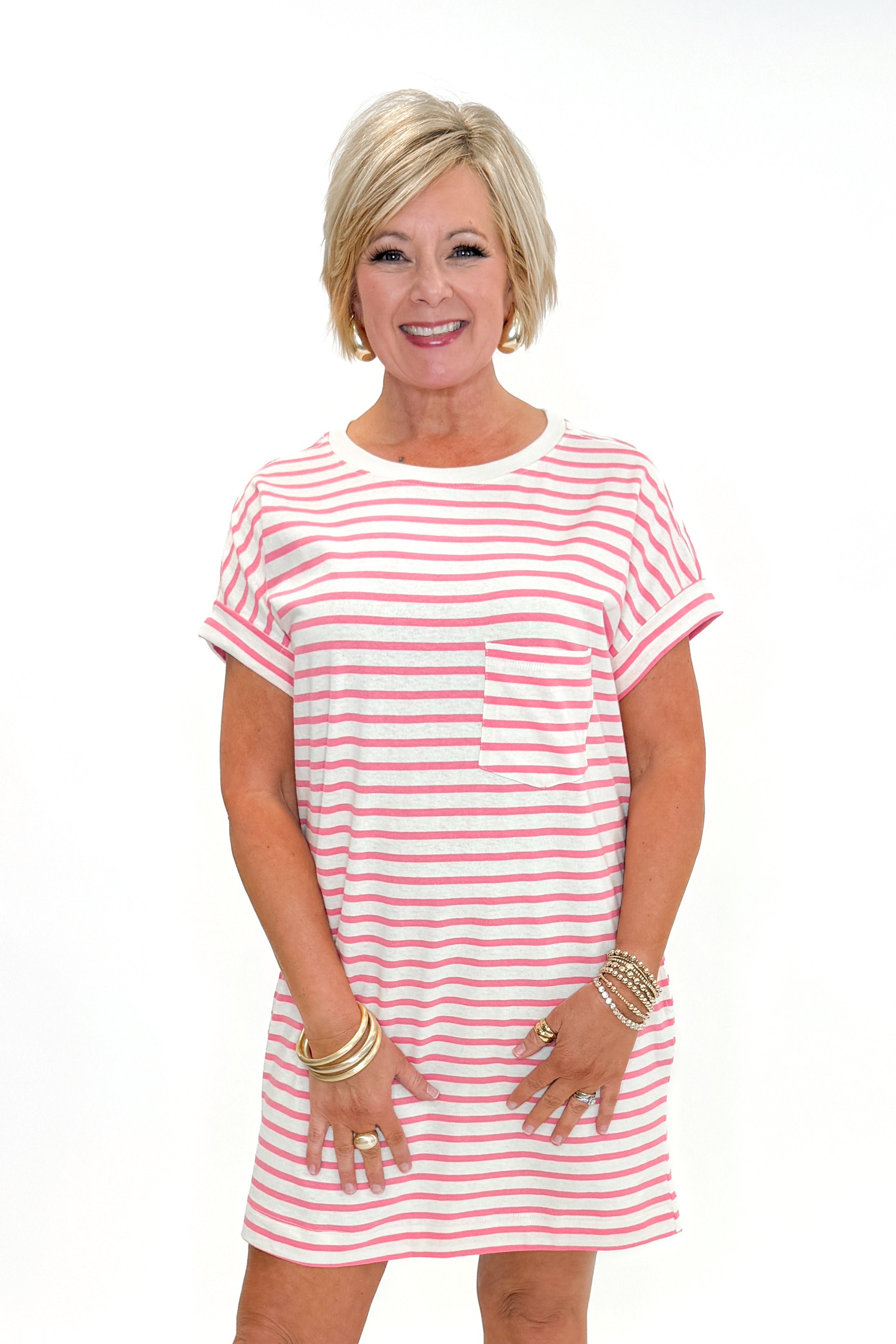 Front view of woman wearing Pink &amp; Cream Striped Short Sleeve Dress against white studio background.