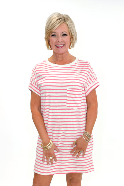 Front view of woman wearing Pink &amp; Cream Striped Short Sleeve Dress against white studio background.