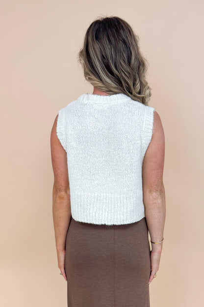 Woman wearing Soft Spot Cream Scoop Neck Sweater Tank - back view showing sleeveless design