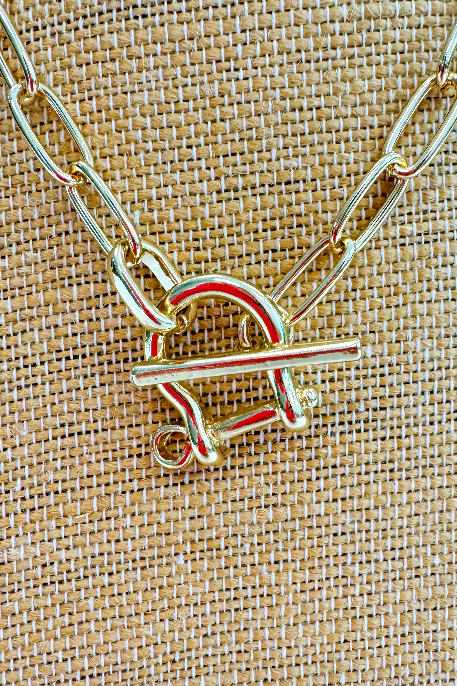 Gold necklace with a gold horsbit pendant on a textured beige background