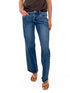 Front view of woman wearing Swagger Boutique’s Dark Wash Stud Jeans by Just Black Denim against white studio background.