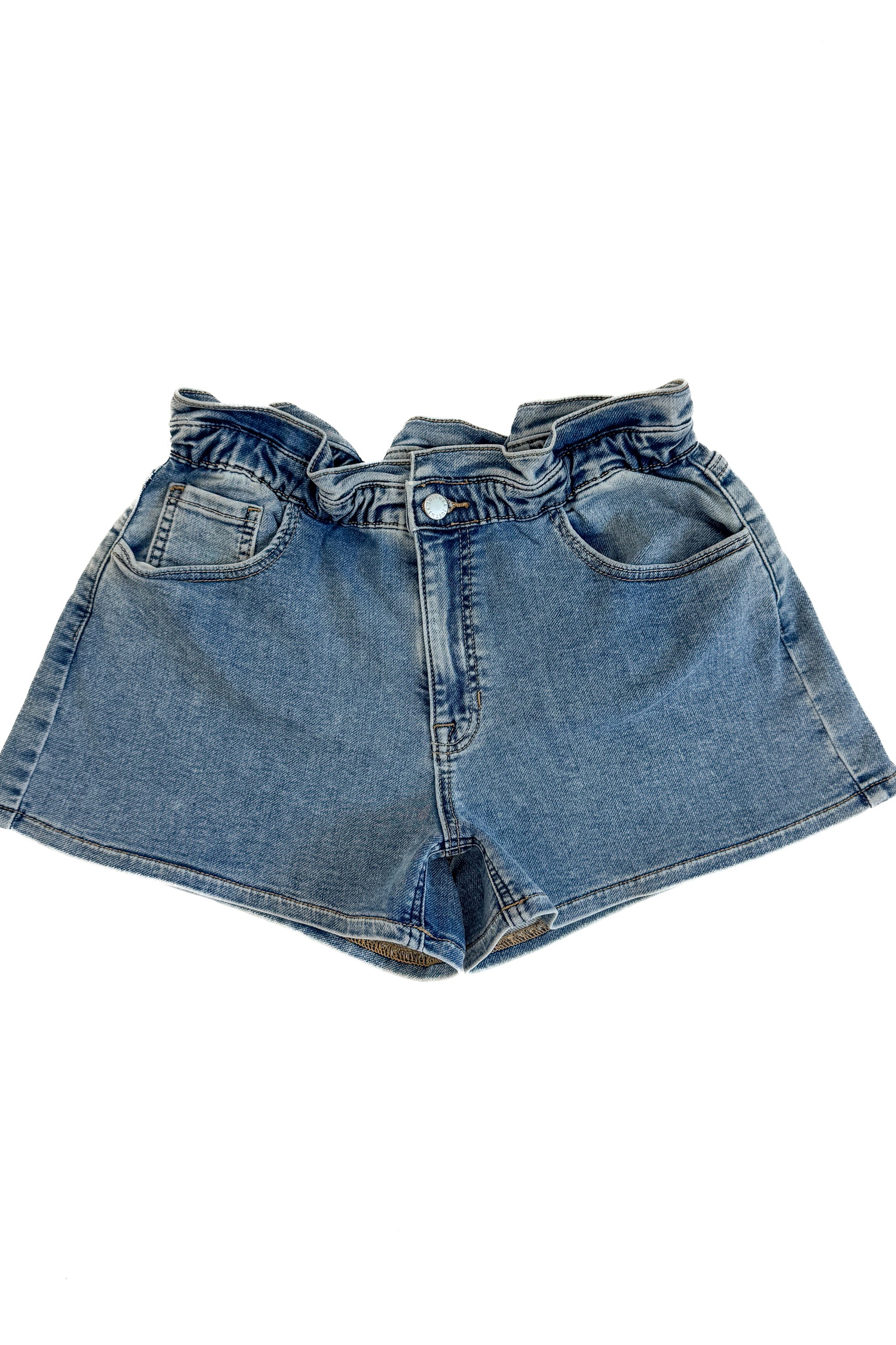 Denim Elastic Waist Shorts by Just Black Denim  against white studio background. 