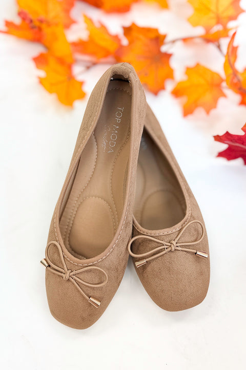 Dorothy- Camel Suede Flats against white studio background. 
