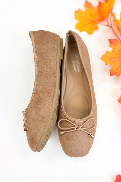 Dorothy- Camel Suede Flats against white studio background. 