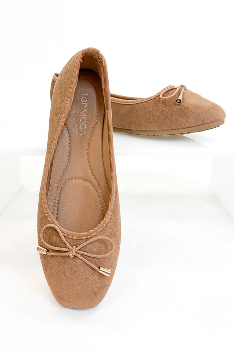 Dorothy- Camel Suede Flats against white studio background front view.