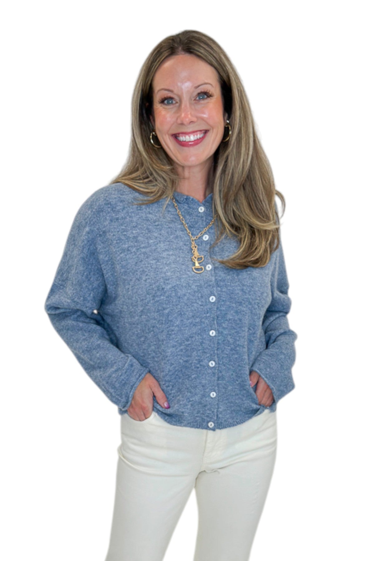 Front view of woman wearing Swagger Boutique’s Dusty Blue Button Up Cardigan with jeans against white studio background.