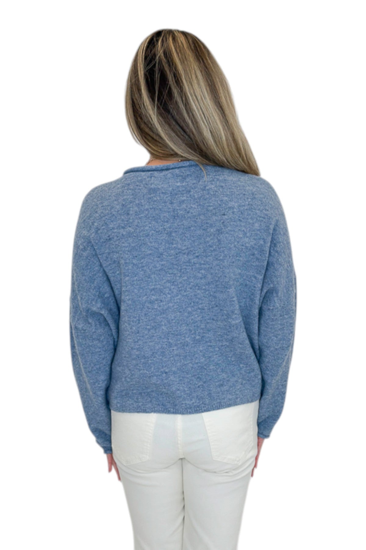 Back view of woman wearing Swagger Boutique’s Dusty Blue Button Up Cardigan with jeans against white studio background.
