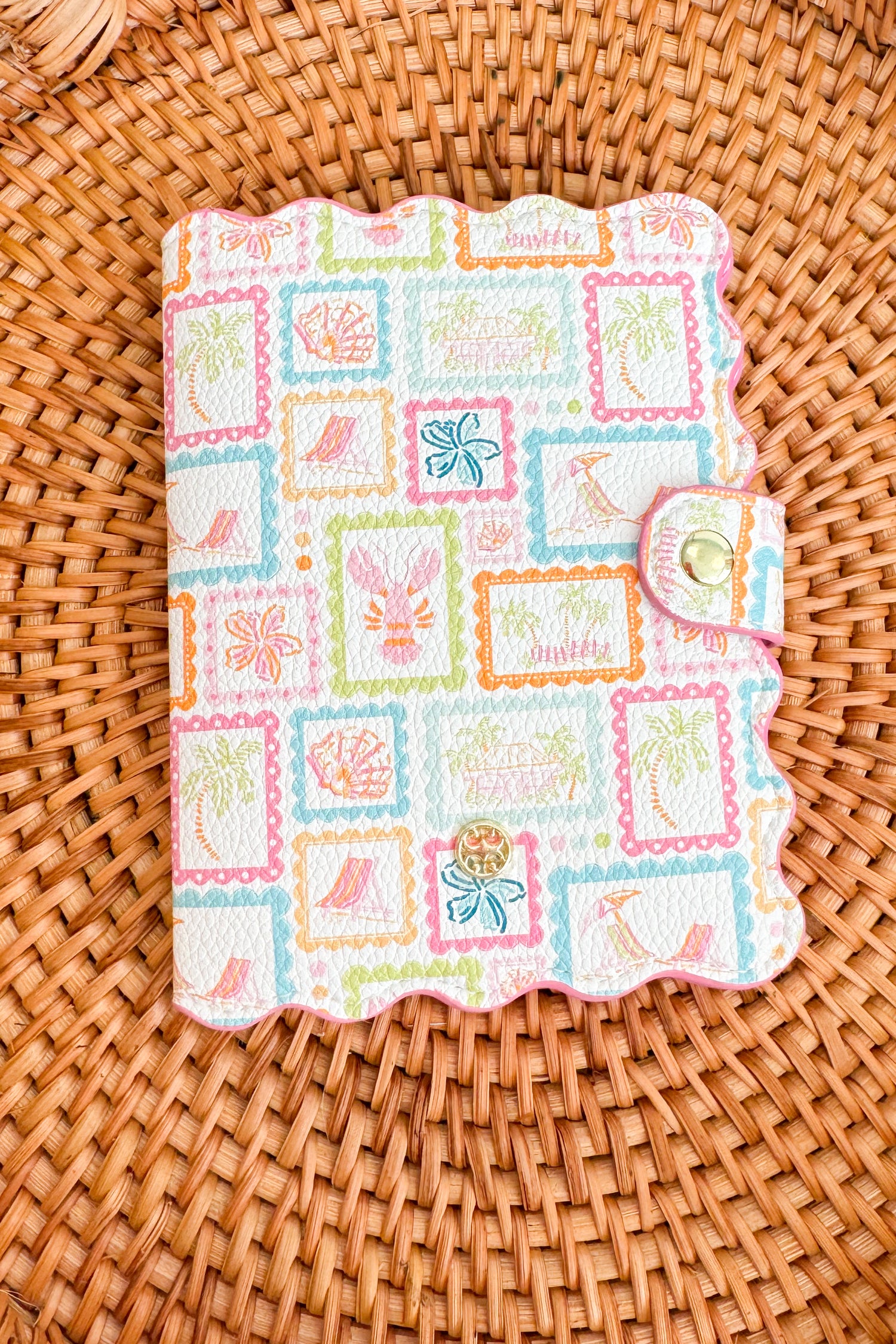 Decorative card with colorful patterns on a woven surface