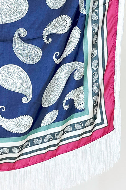 Fringe Detail Navy Paisley with Pink Edge Square Scarf