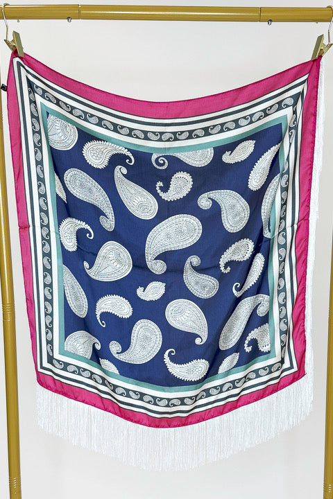 Fringe Detail Navy Paisley with Pink Edge Square Scarf