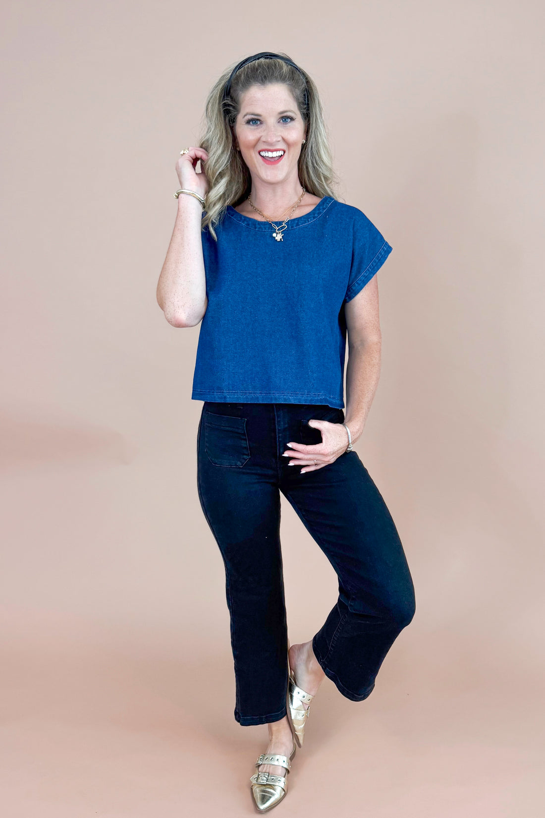 Spill The Beans Denim Button Back Short Sleeve Top by Entro