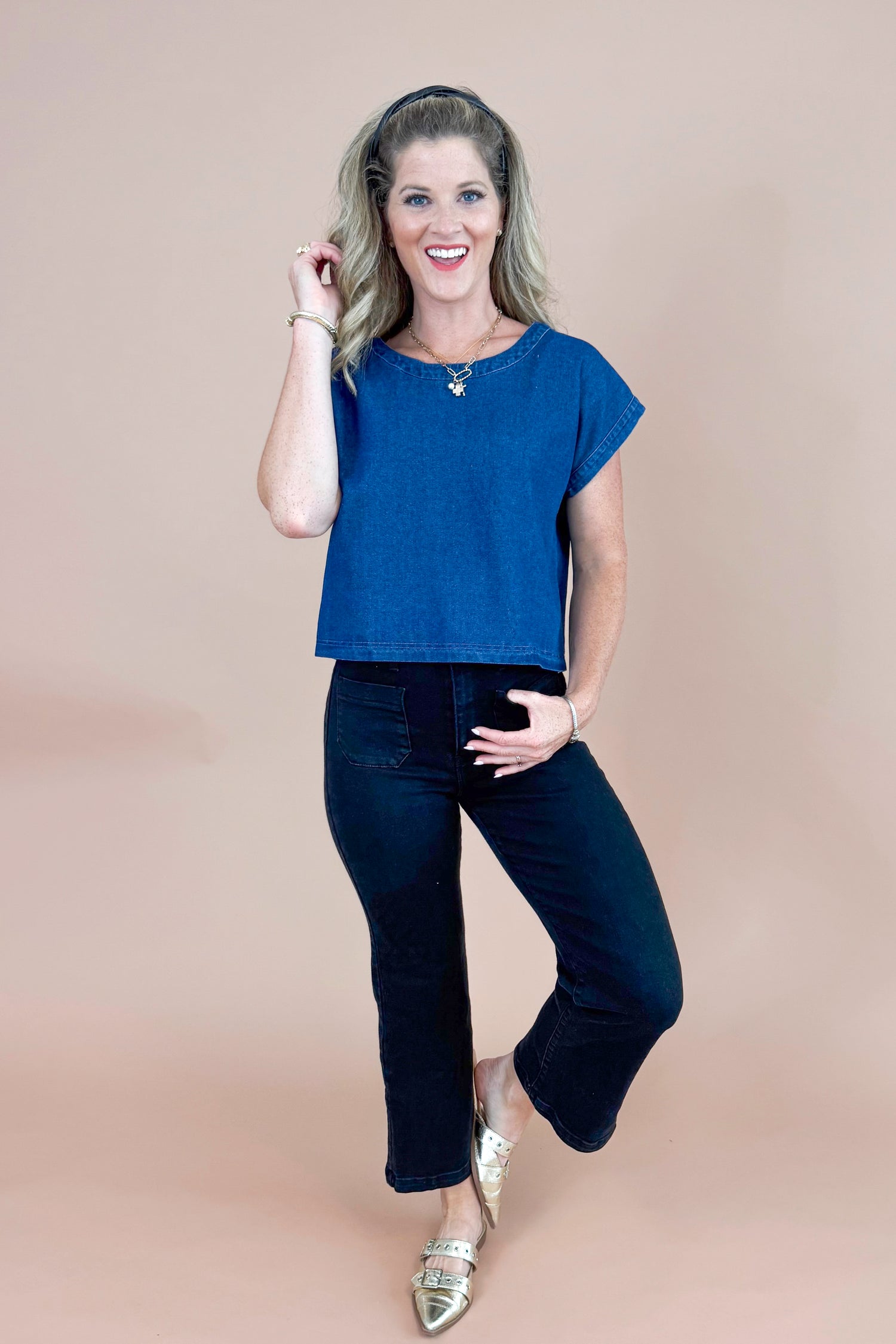 Spill The Beans Denim Button Back Short Sleeve Top by Entro