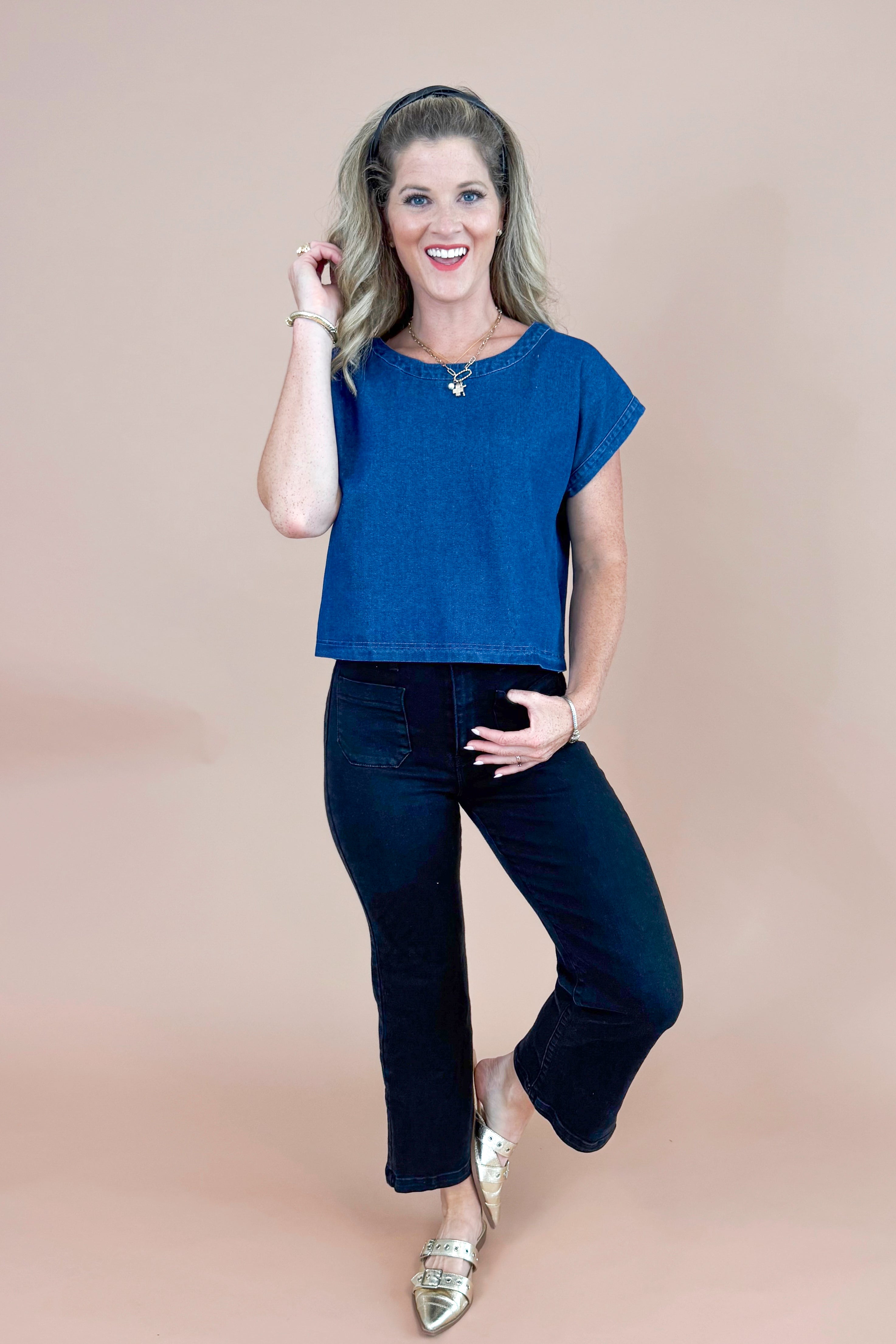 Spill The Beans Denim Button Back Short Sleeve Top by Entro