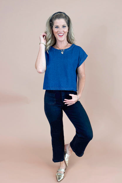 Spill The Beans Denim Button Back Short Sleeve Top by Entro