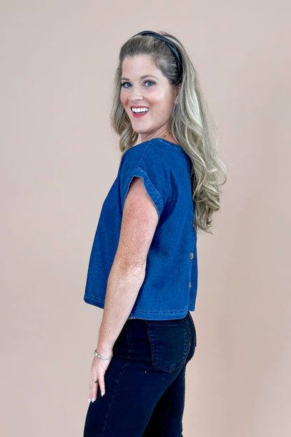 Spill The Beans Denim Button Back Short Sleeve Top by Entro