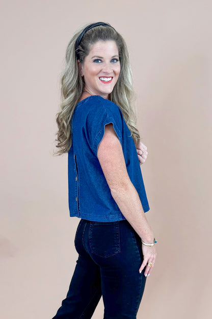 Spill The Beans Denim Button Back Short Sleeve Top by Entro