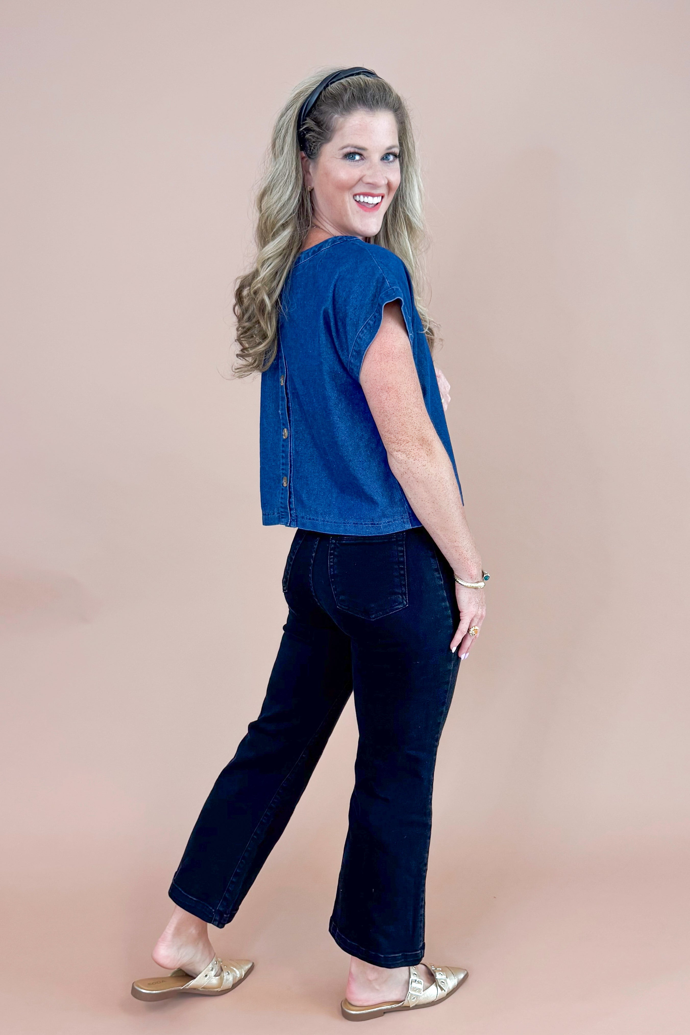 Spill The Beans Denim Button Back Short Sleeve Top by Entro