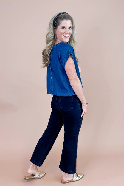 Spill The Beans Denim Button Back Short Sleeve Top by Entro