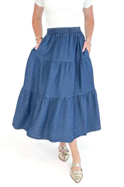 Daily Grind Denim Tiered Skirt by Entro
