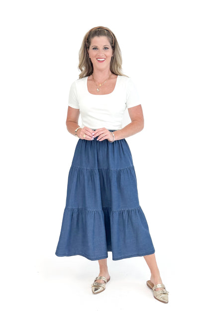 Daily Grind Denim Tiered Skirt by Entro