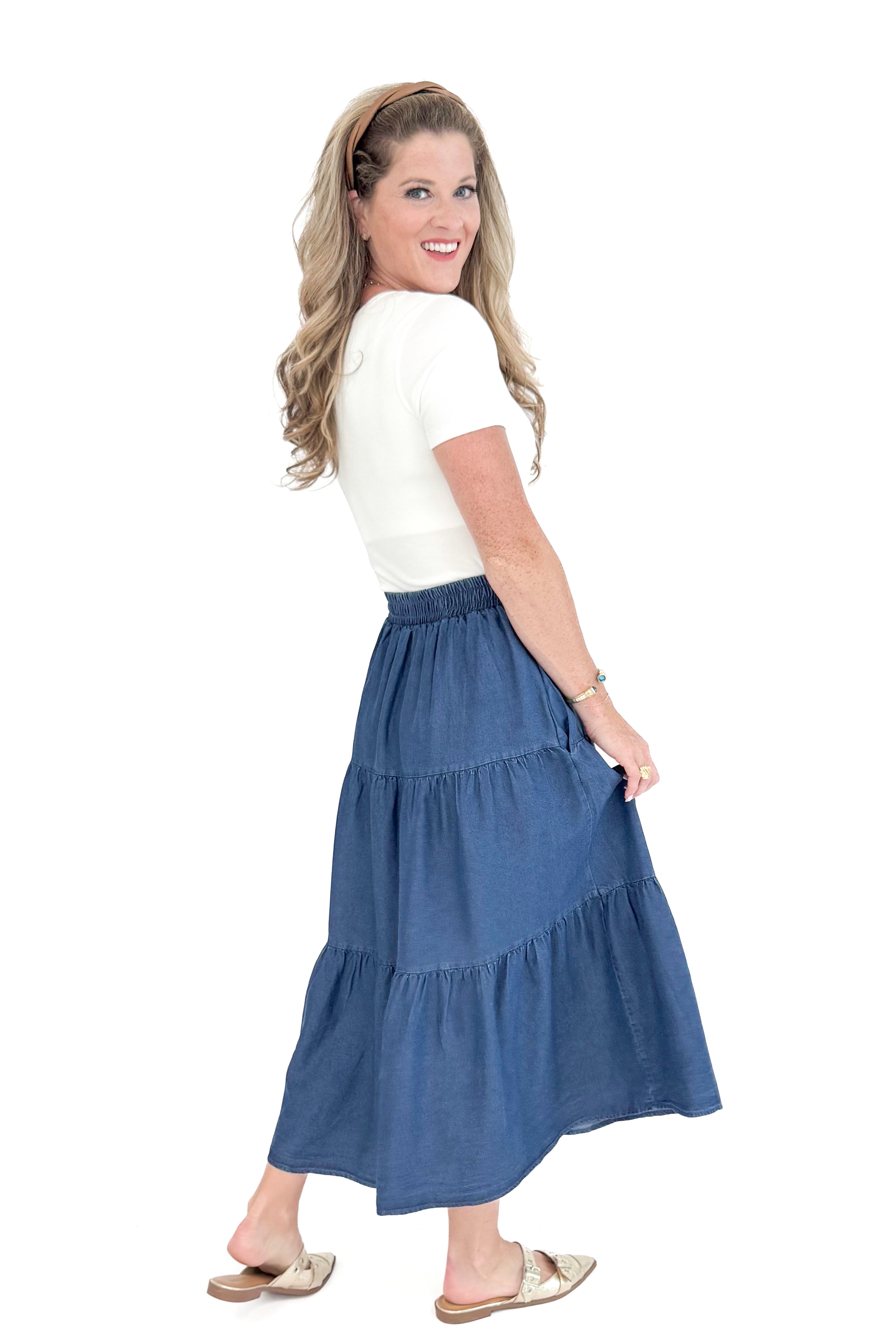 Daily Grind Denim Tiered Skirt by Entro