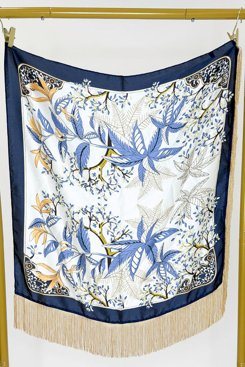 Fringe Detail Blue Floral with Navy Border Square Scarf