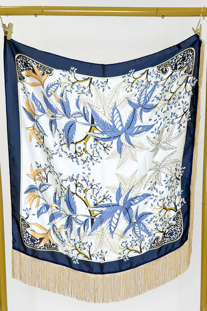 Fringe Detail Blue Floral with Navy Border Square Scarf
