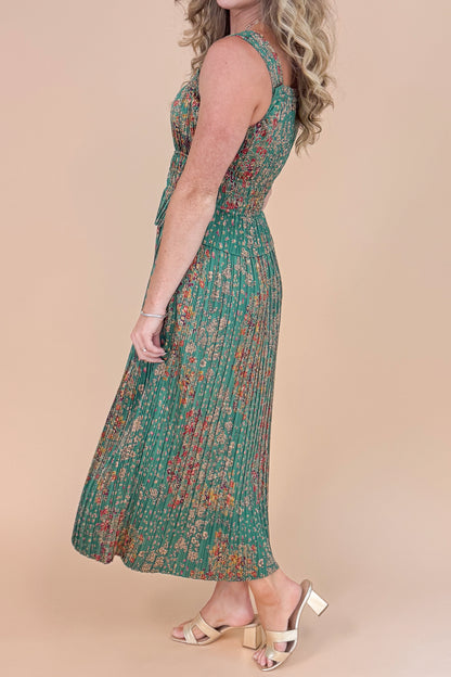 Just The Two of Us Green Floral Pleat Detail Midi Dress