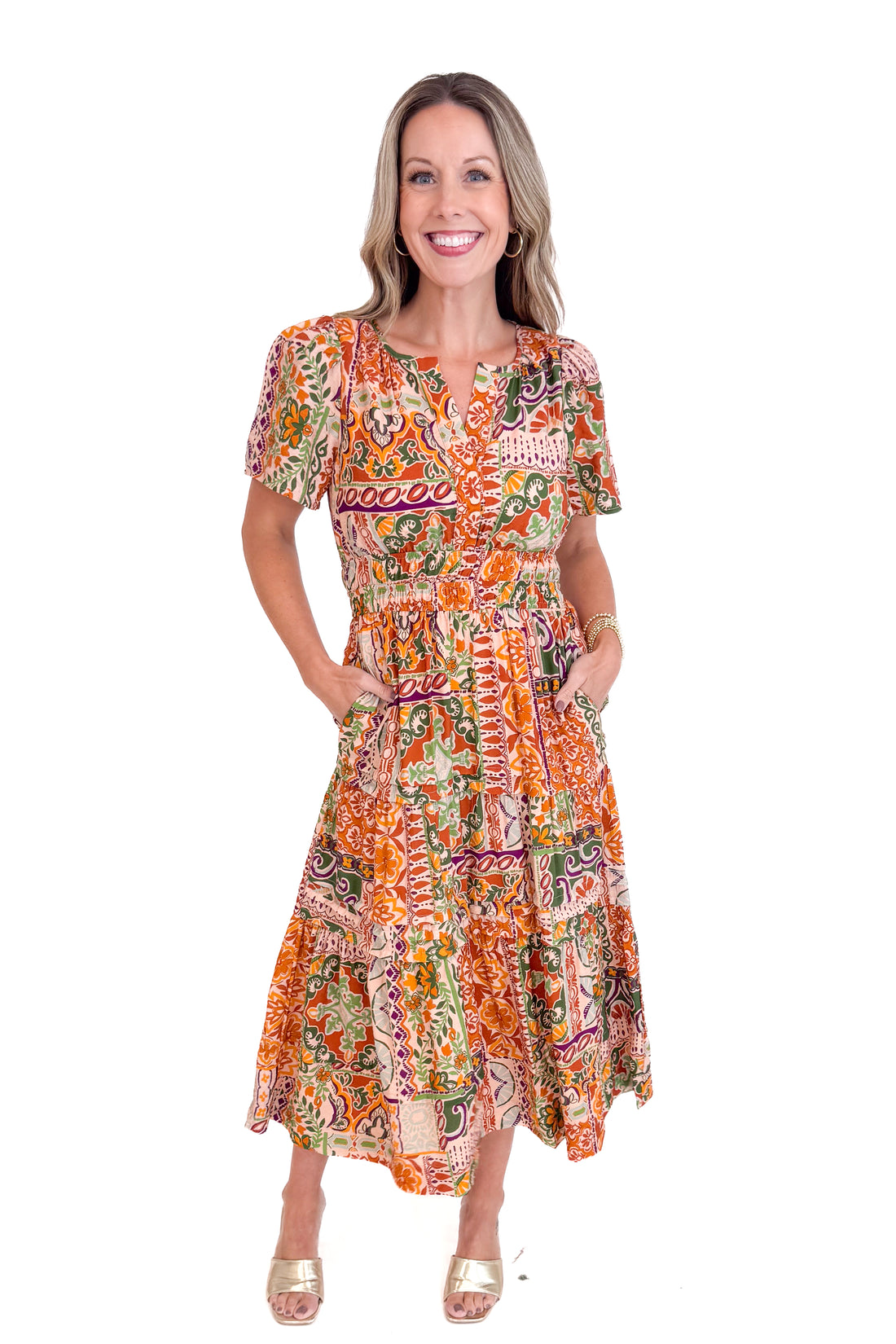 Catch My Drift Taupe, Rust &amp; Multi Tiered Midi Dress by Fate