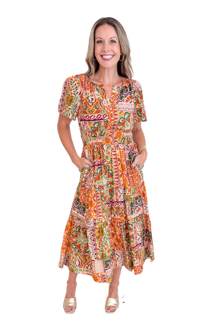 Catch My Drift Taupe, Rust &amp; Multi Tiered Midi Dress by Fate